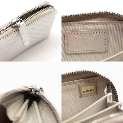 Chanel Metallic Lambskin Chevron Quilted Zip Coin Purse Silver Wallet