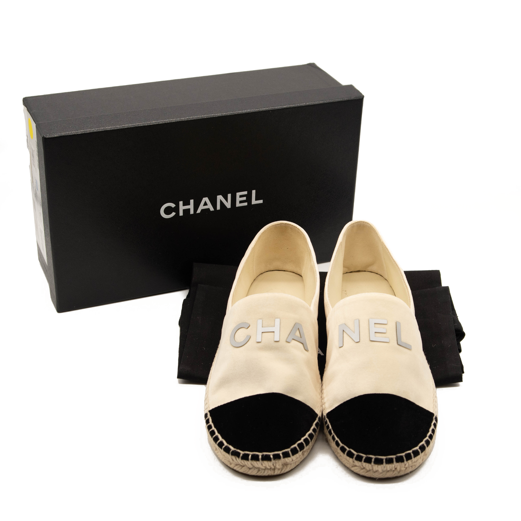 Chanel Beige Velvet Logo Espadrilles Black Mules/Slides