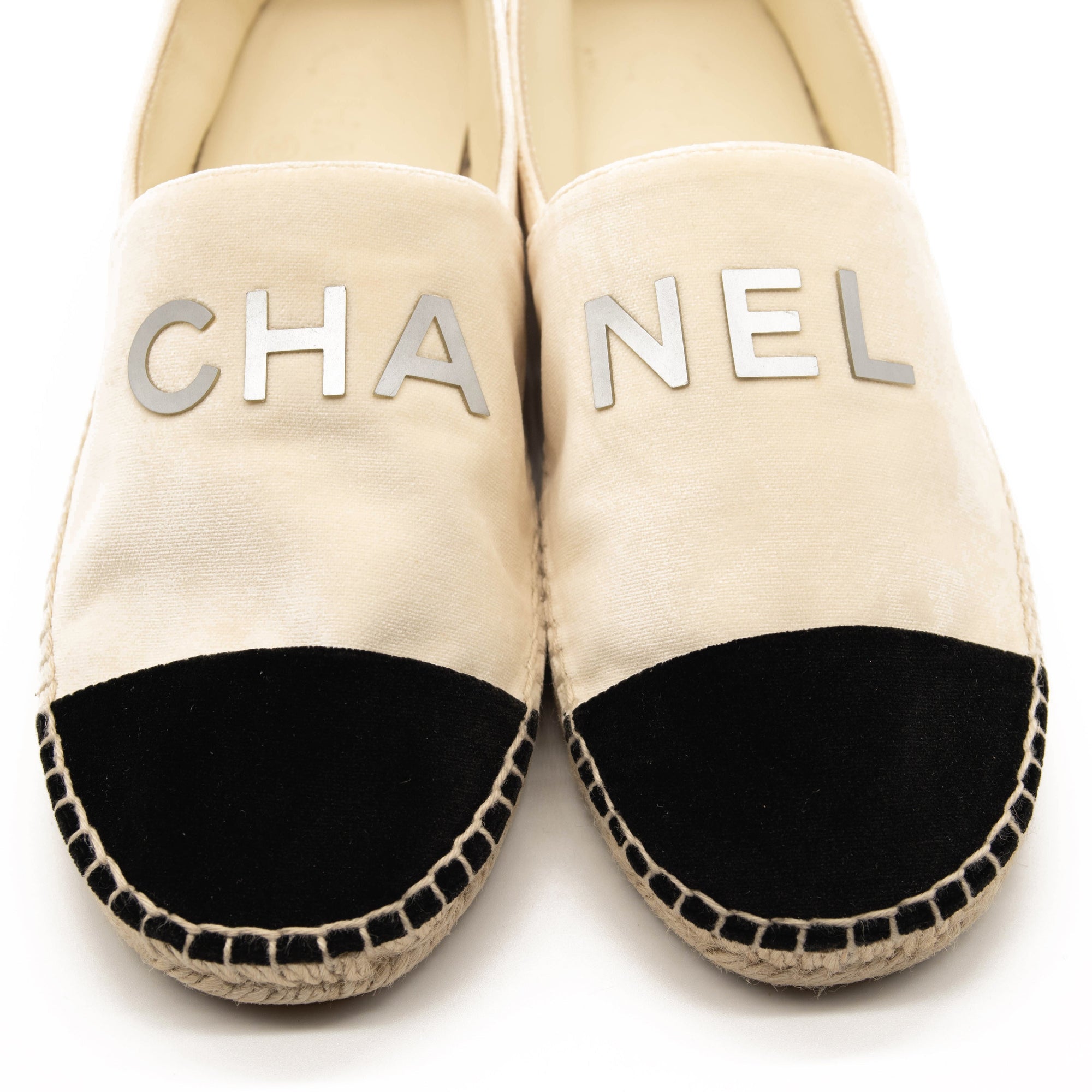 Chanel Beige Velvet Logo Espadrilles Black Mules/Slides
