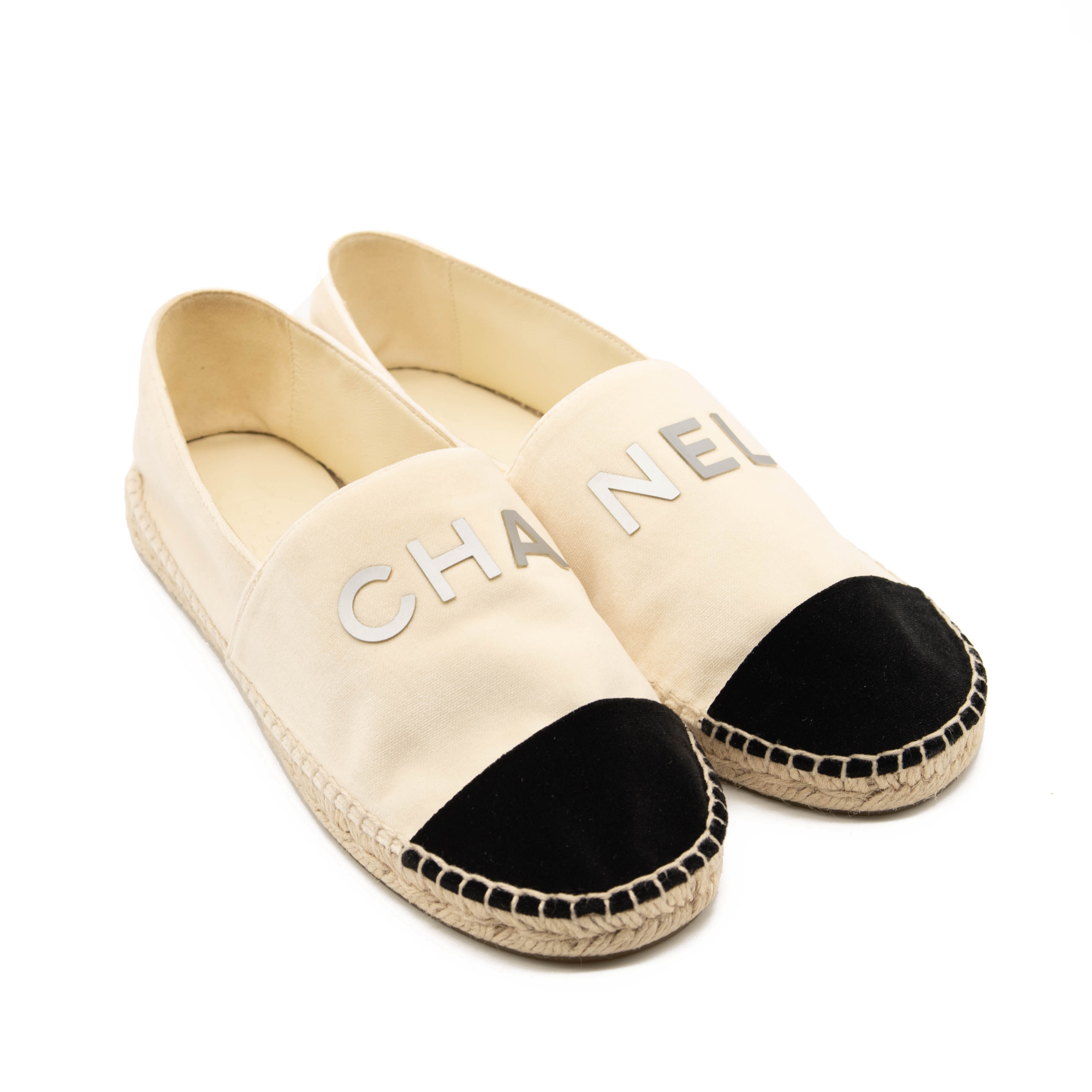 Chanel Beige Velvet Logo Espadrilles Black Mules/Slides