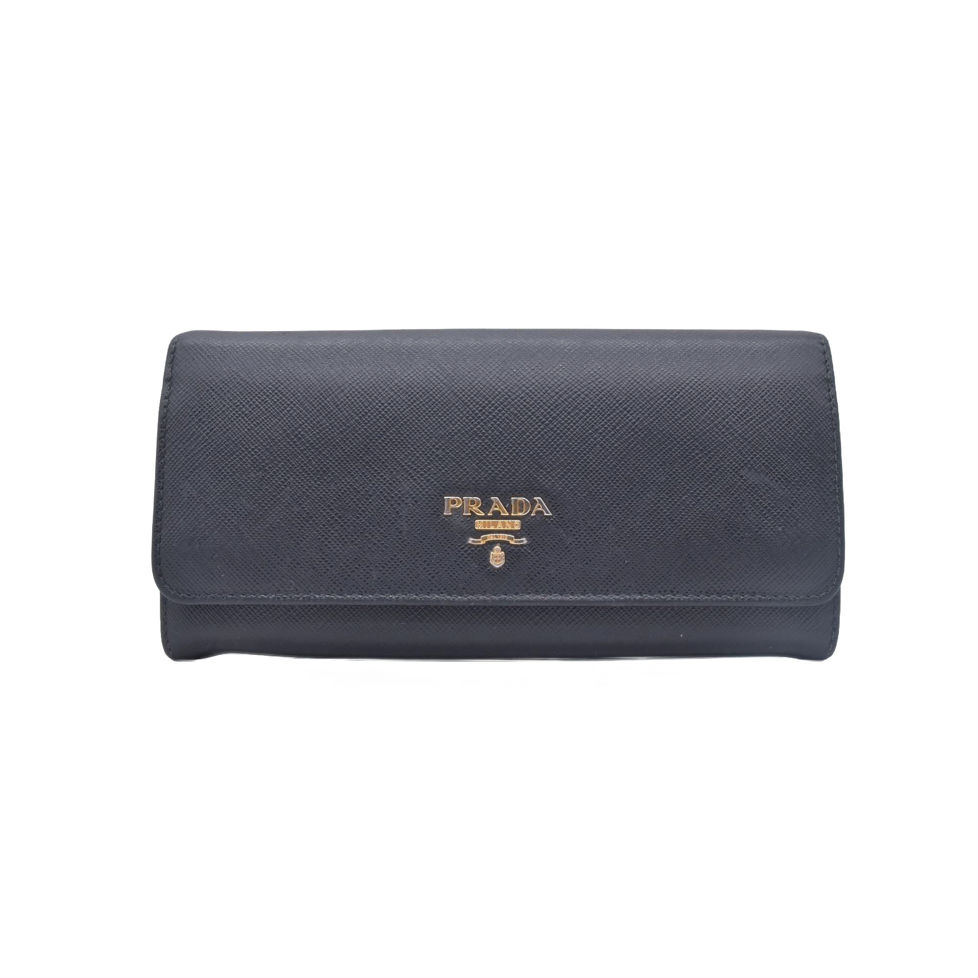 $780 PRADA Saffiano Metal Continental Flap Wallet Nero CONSIGNMENT 10021171