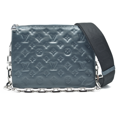 $4950 Louis Vuitton Metallic Lambskin Embossed Monogram Coussin PM Blue RFID