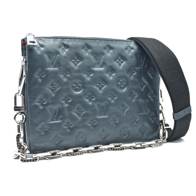 $4950 Louis Vuitton Metallic Lambskin Embossed Monogram Coussin PM Blue RFID