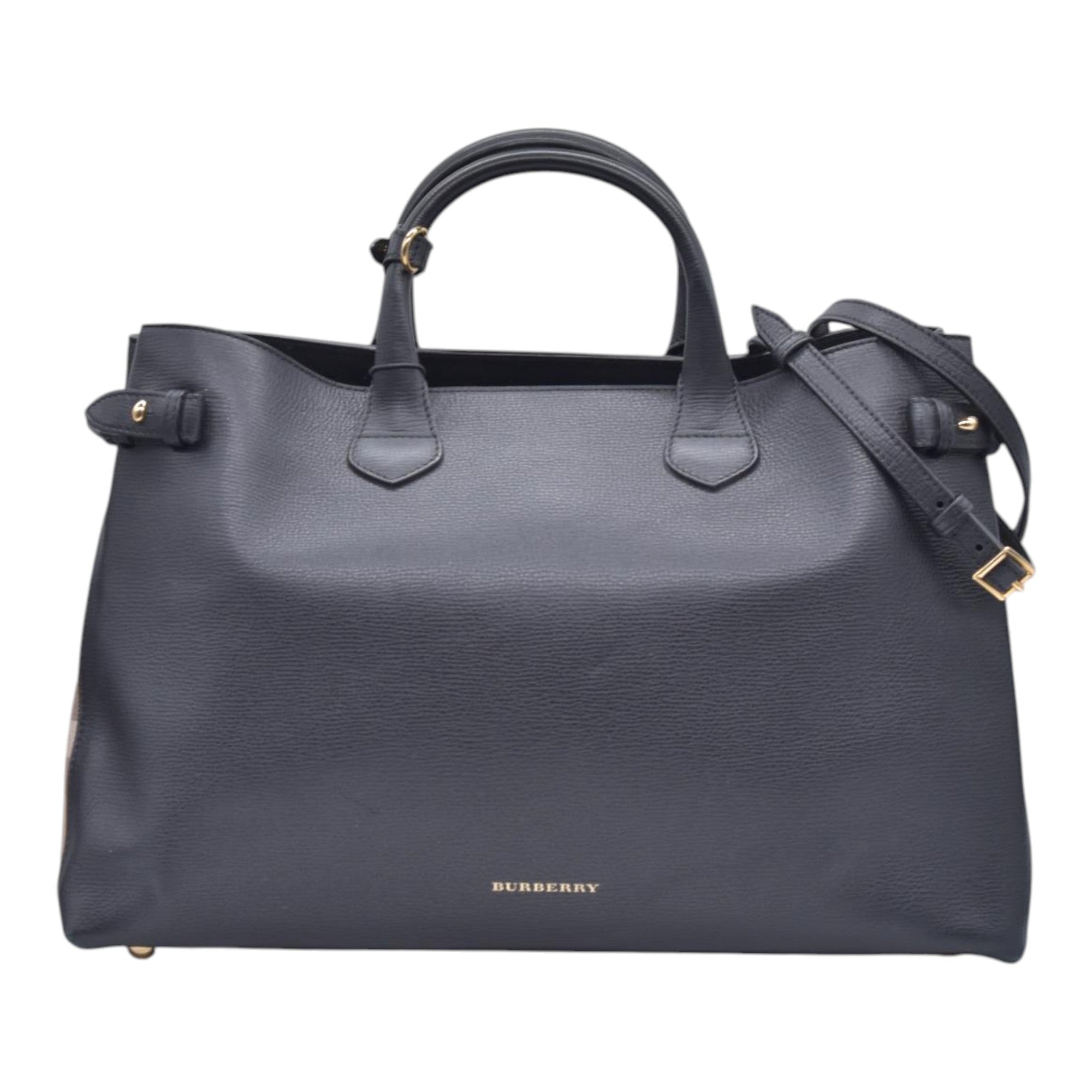 $1490 BURBERRY Grainy Leather House Check Medium Banner Tote Black CONSIGNMENT 10021501