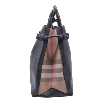 $1490 BURBERRY Grainy Leather House Check Medium Banner Tote Black CONSIGNMENT 10021501