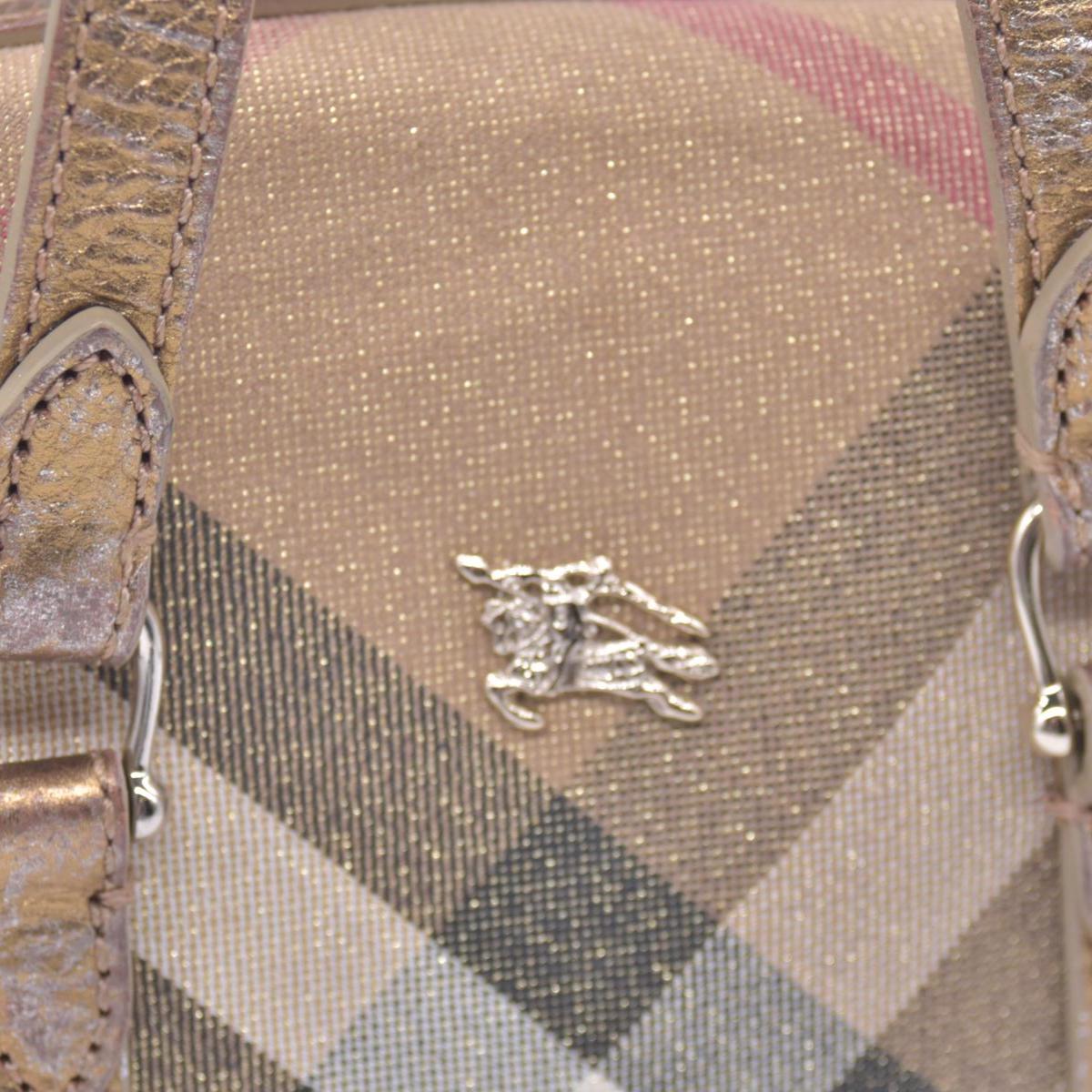 $890 BURBERRY House Check Metallic Lurex Bowling Satchel Bag Beige CONSIGNMENT 10021503