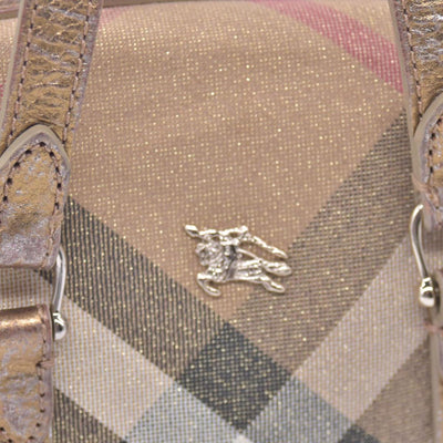 $890 BURBERRY House Check Metallic Lurex Bowling Satchel Bag Beige CONSIGNMENT 10021503