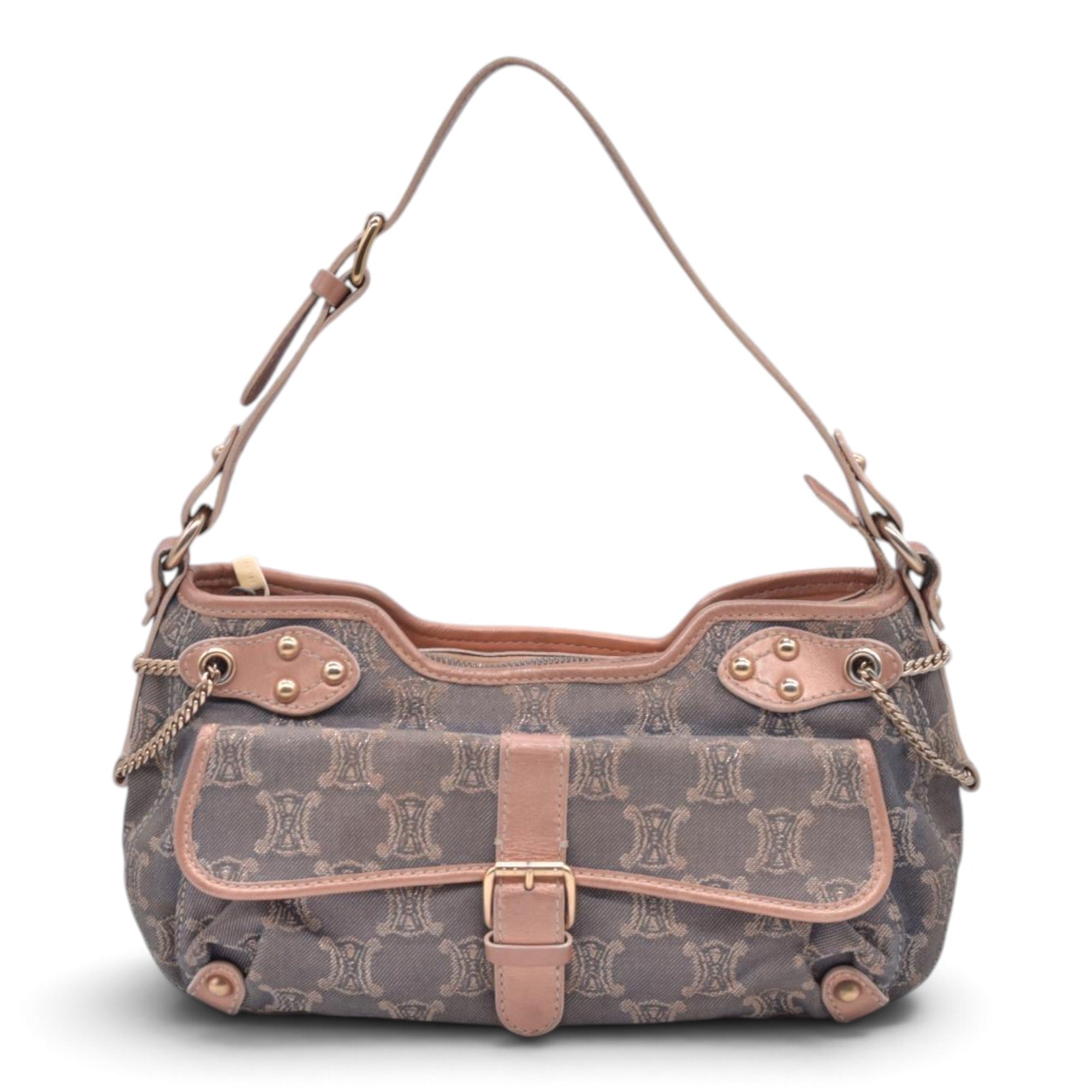 $1150 CELINE Macadam Metallic Lurex Denim Studded Shoulder Bag Rose Gold CONSIGNMENT 10021493