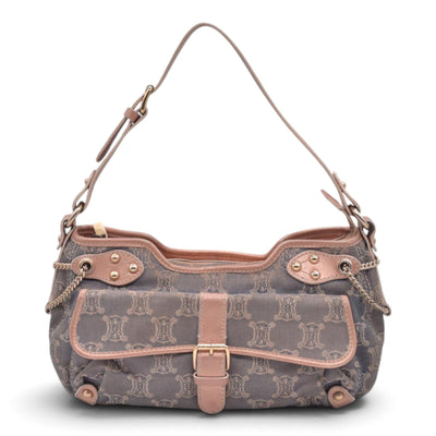 $1150 CELINE Macadam Metallic Lurex Denim Studded Shoulder Bag Rose Gold CONSIGNMENT 10021493