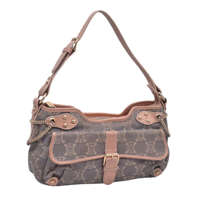 $1150 CELINE Macadam Metallic Lurex Denim Studded Shoulder Bag Rose Gold CONSIGNMENT 10021493