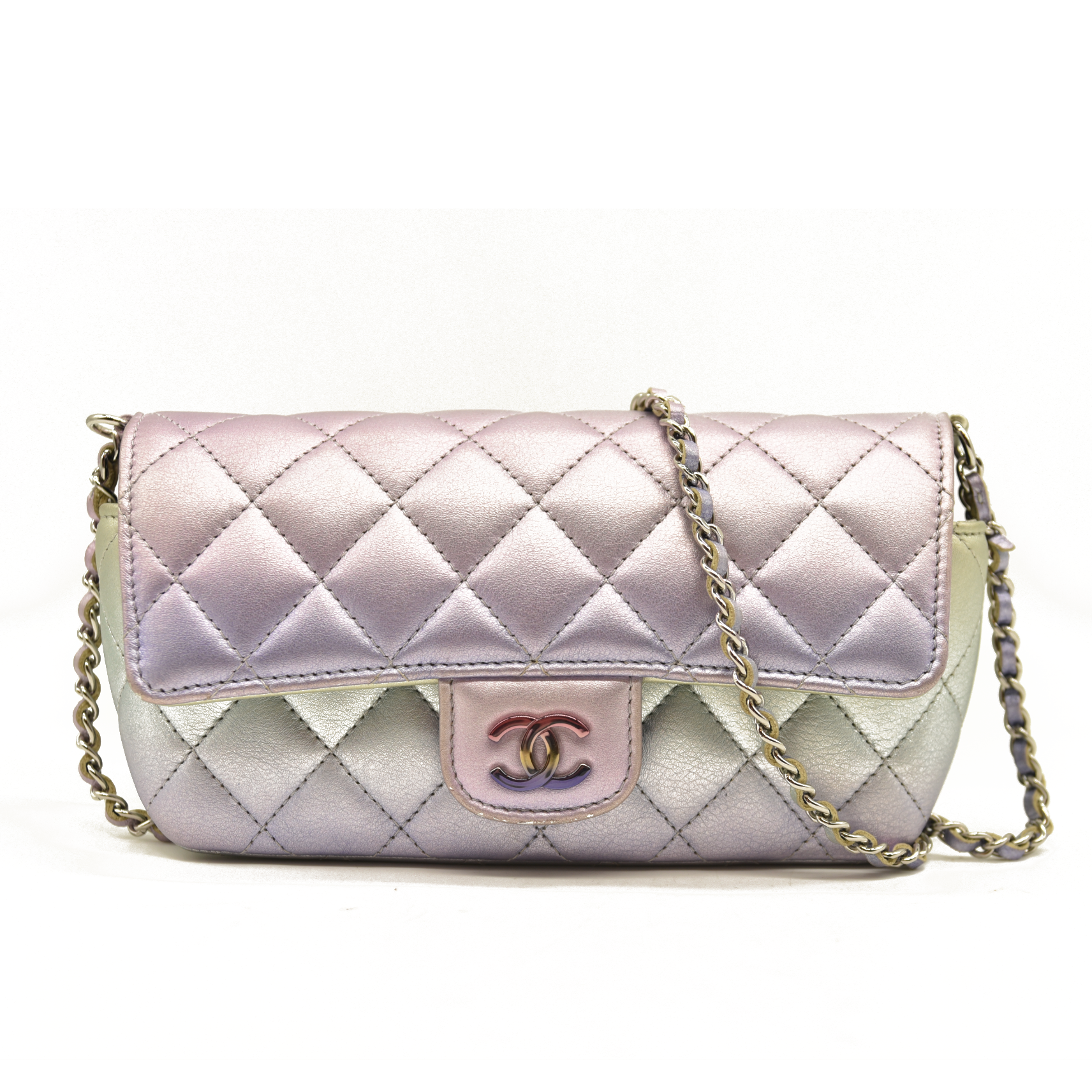 Chanel Gradient Metallic Calfskin Quilted Glasses Case With Chain Silver Blue Yellow Purple