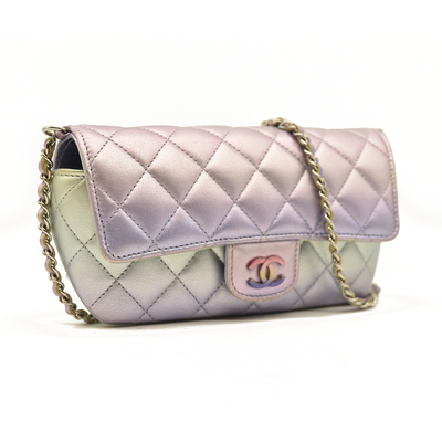 Chanel Gradient Metallic Calfskin Quilted Glasses Case With Chain Silver Blue Yellow Purple