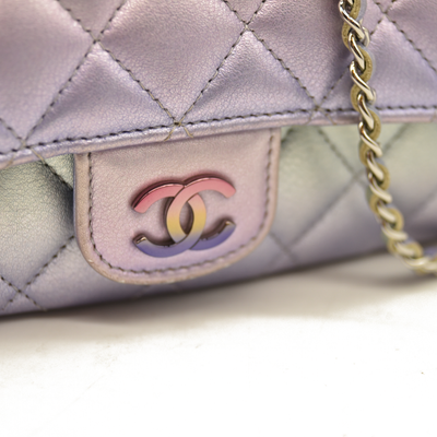 Chanel Gradient Metallic Calfskin Quilted Glasses Case With Chain Silver Blue Yellow Purple