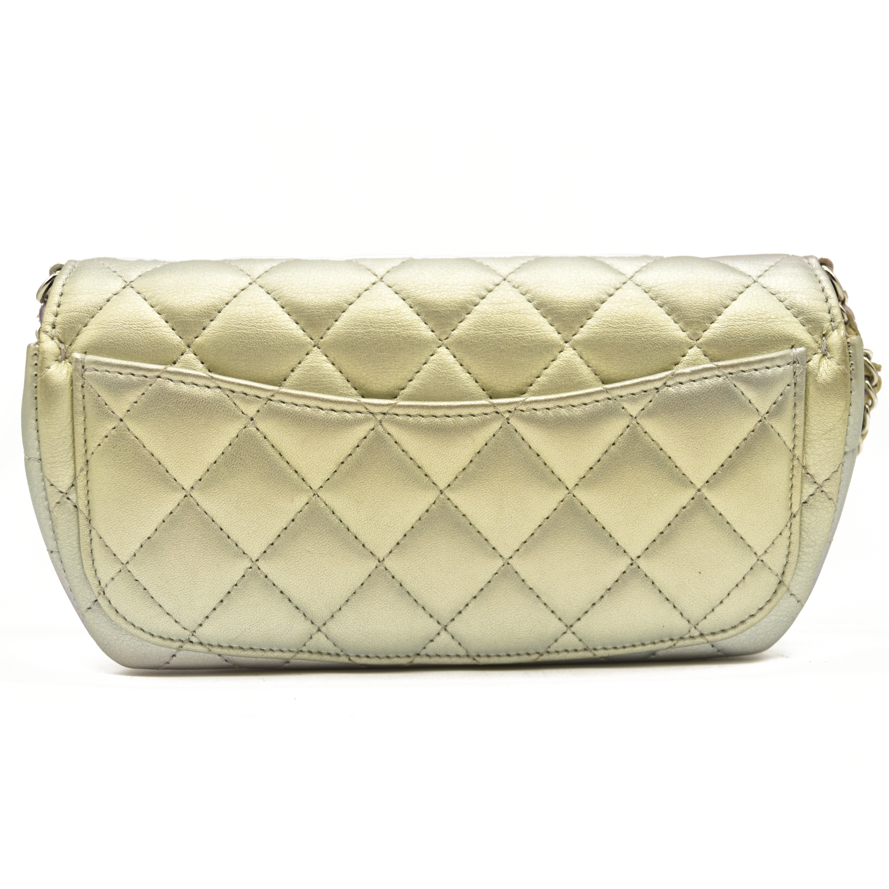 Chanel Gradient Metallic Calfskin Quilted Glasses Case With Chain Silver Blue Yellow Purple