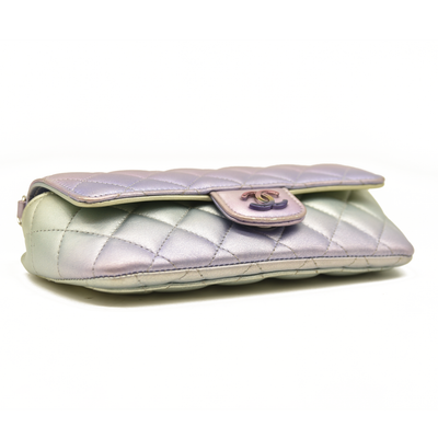 Chanel Gradient Metallic Calfskin Quilted Glasses Case With Chain Silver Blue Yellow Purple