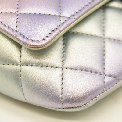 Chanel Gradient Metallic Calfskin Quilted Glasses Case With Chain Silver Blue Yellow Purple