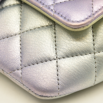 Chanel Gradient Metallic Calfskin Quilted Glasses Case With Chain Silver Blue Yellow Purple