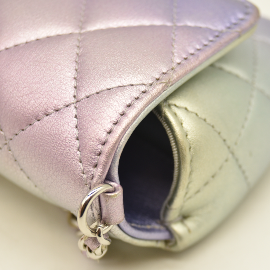 Chanel Gradient Metallic Calfskin Quilted Glasses Case With Chain Silver Blue Yellow Purple