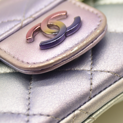 Chanel Gradient Metallic Calfskin Quilted Glasses Case With Chain Silver Blue Yellow Purple