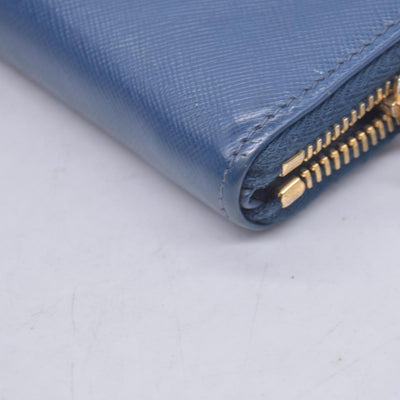 $790 PRADA Saffiano Metal Logo Zip Around Long Wallet Blue CONSIGNMENT 10021520
