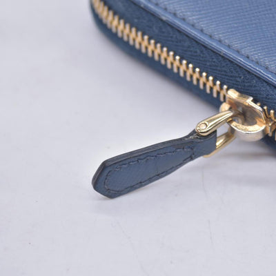 $790 PRADA Saffiano Metal Logo Zip Around Long Wallet Blue CONSIGNMENT 10021520