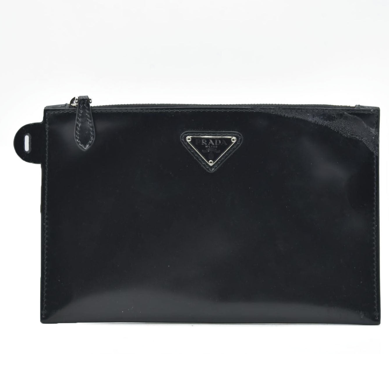 $600 Prada Enameled Metal Zipper Pouch