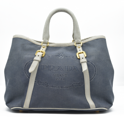 $2400 Prada Canapa Logo Jacquard Handle Bag Blue Denim