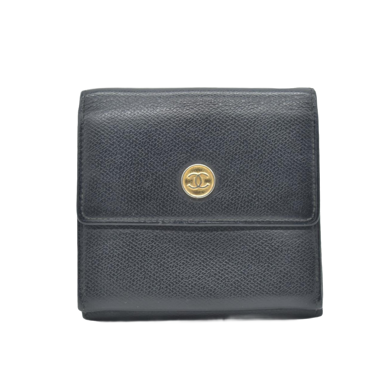 $609 Chanel Black Calfskin Leather Mini Coco Button Trifold Compact Wallet CONSIGNMENT