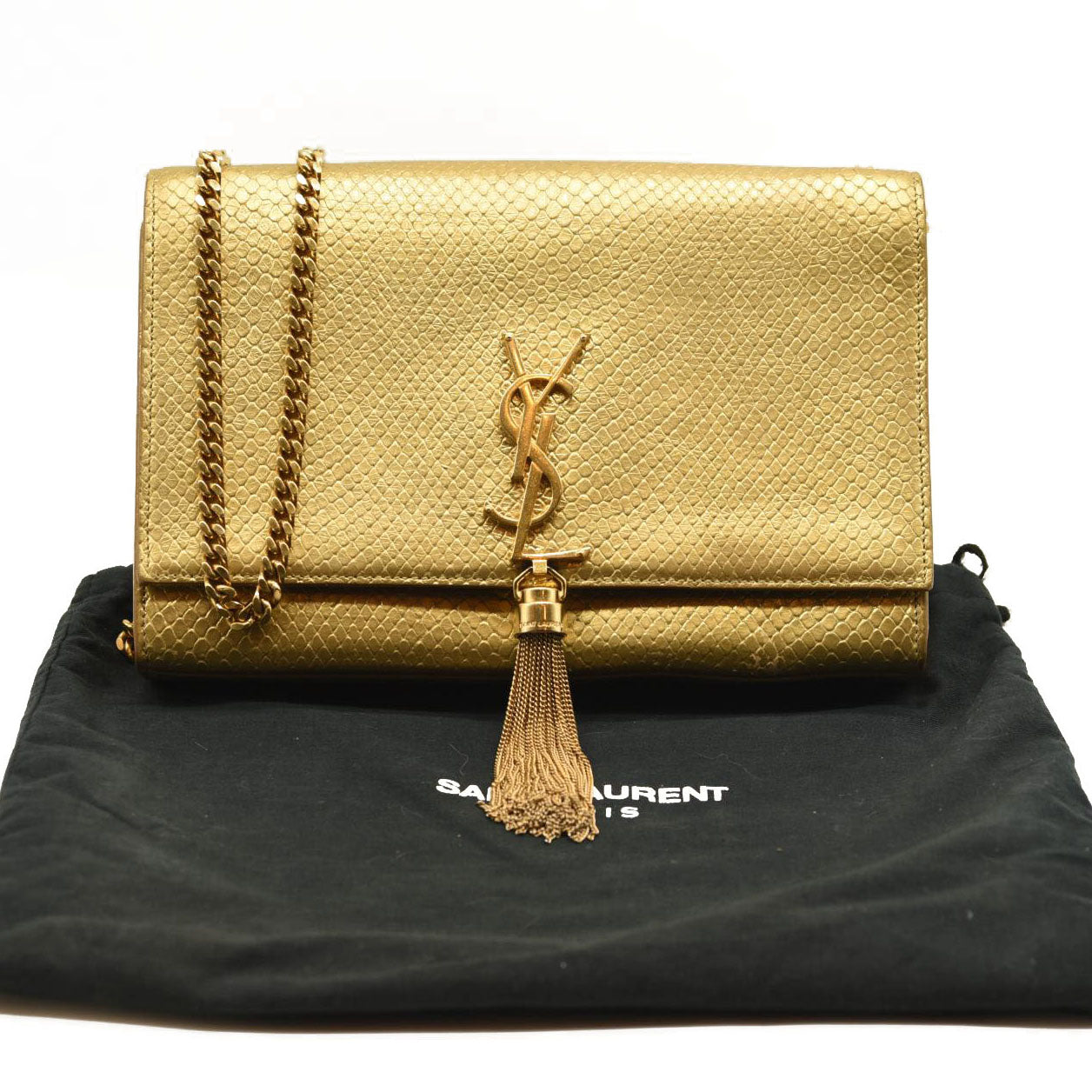 Used Saint Laurent Metallic Python Embossed Medium Classic Monogram Kate Tassel Satchel Gold