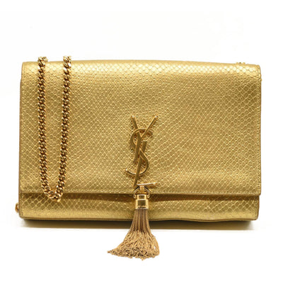 Used Saint Laurent Metallic Python Embossed Medium Classic Monogram Kate Tassel Satchel Gold