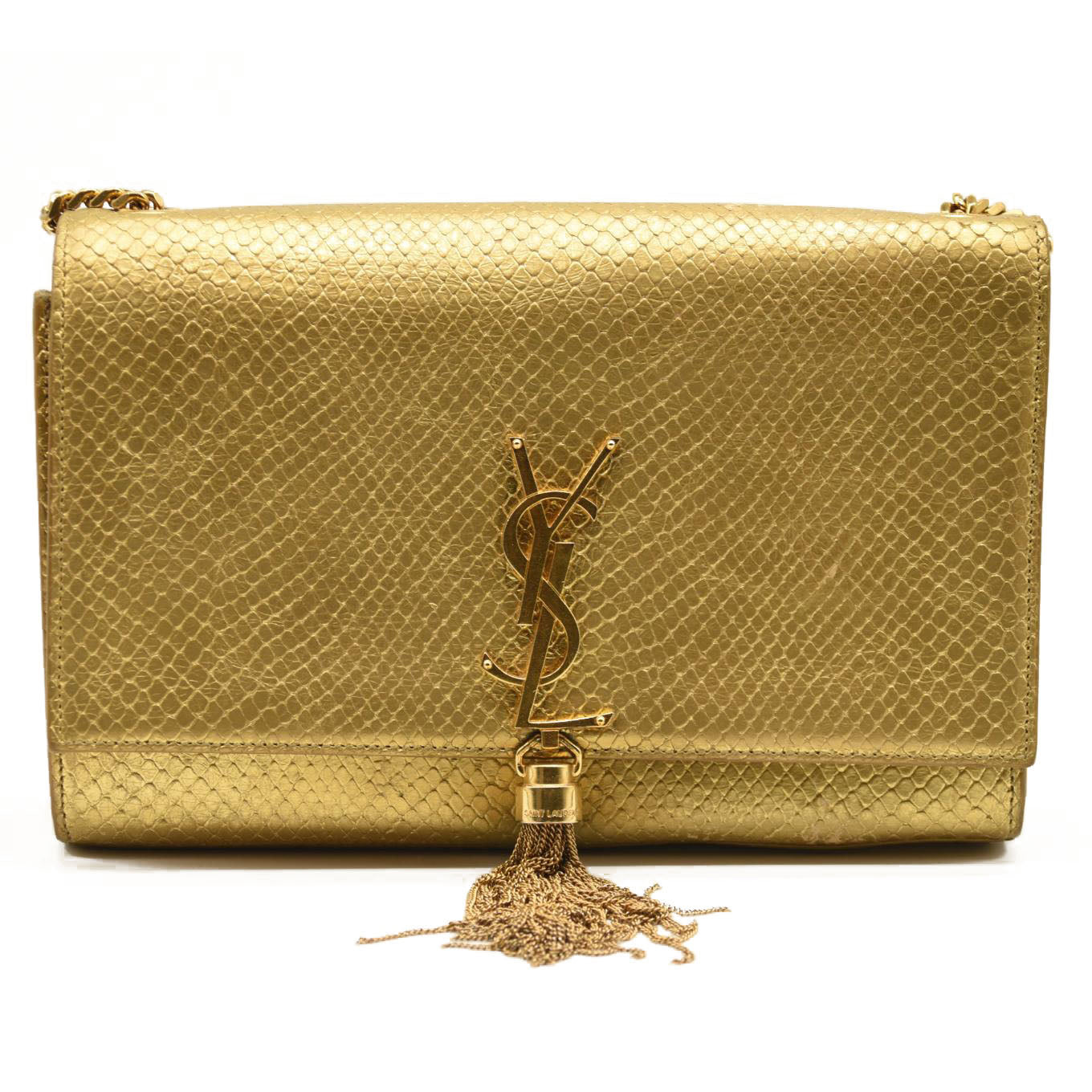 Used Saint Laurent Metallic Python Embossed Medium Classic Monogram Kate Tassel Satchel Gold