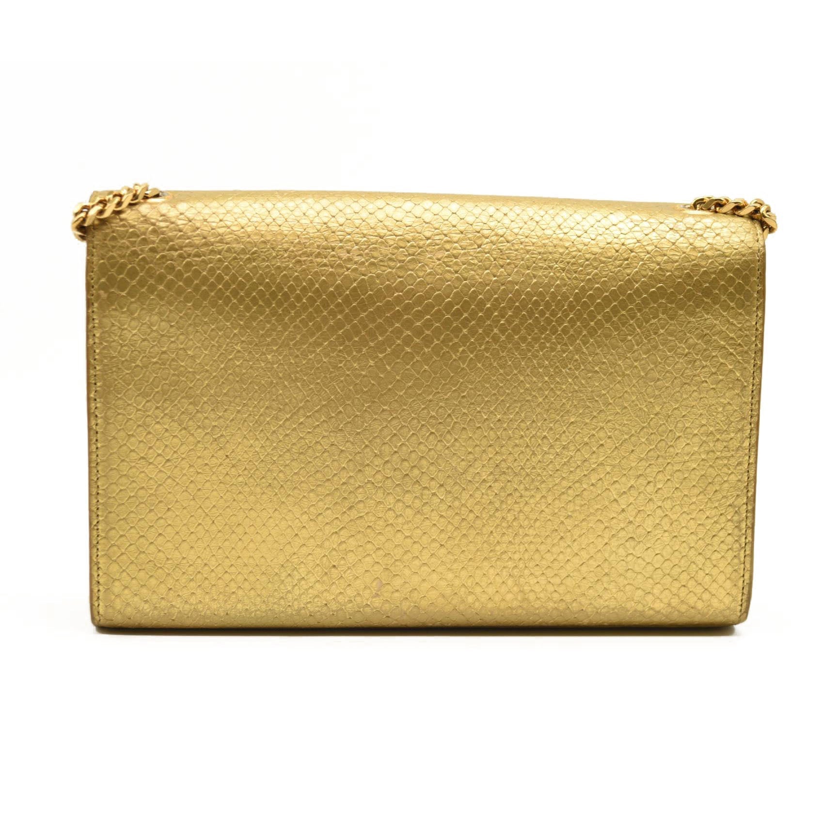 Used Saint Laurent Metallic Python Embossed Medium Classic Monogram Kate Tassel Satchel Gold