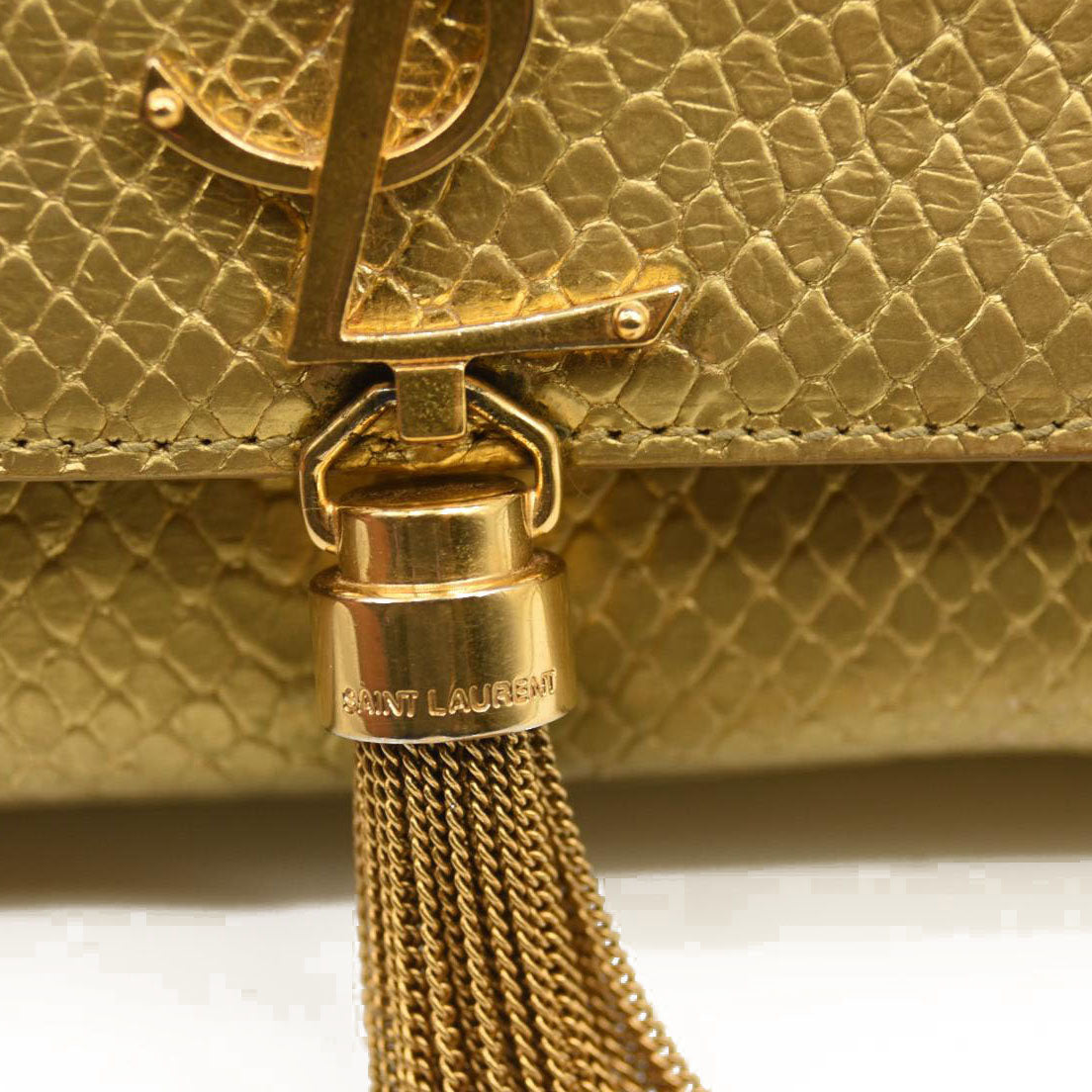 Used Saint Laurent Metallic Python Embossed Medium Classic Monogram Kate Tassel Satchel Gold