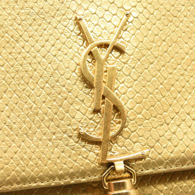 Used Saint Laurent Metallic Python Embossed Medium Classic Monogram Kate Tassel Satchel Gold