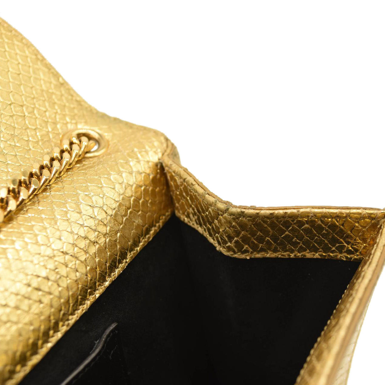 Used Saint Laurent Metallic Python Embossed Medium Classic Monogram Kate Tassel Satchel Gold