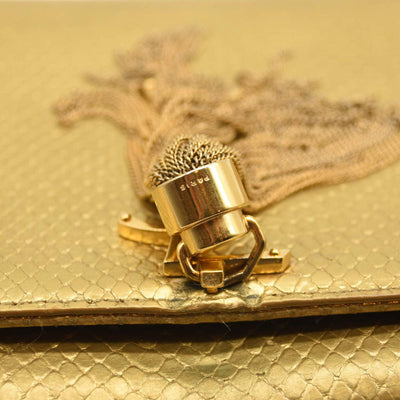 Used Saint Laurent Metallic Python Embossed Medium Classic Monogram Kate Tassel Satchel Gold