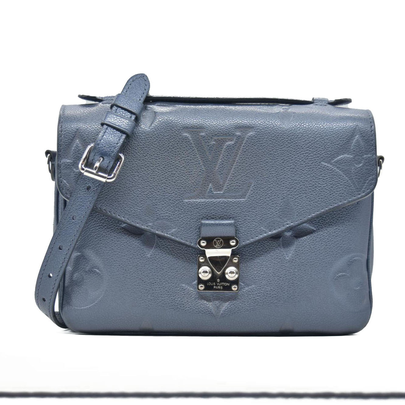 $3100 Louis Vuitton Metallic Empreinte Monogram Giant Pochette Metis Navy Nacre