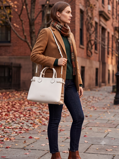 $1795 Burberry Derby Calfskin House Check Medium Banner Tote