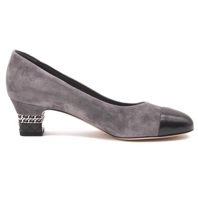 Chanel Grey Black 20c Calfskin Suede Cc Logo Chain Metal Pumps
