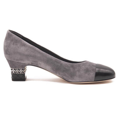 Chanel Grey Black 20c Calfskin Suede Cc Logo Chain Metal Pumps