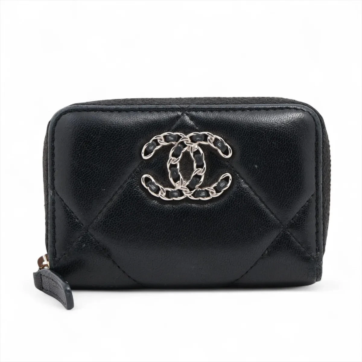 $1050 CHANEL 19 Lambskin Coin Purse Black Silver Metal 10021120