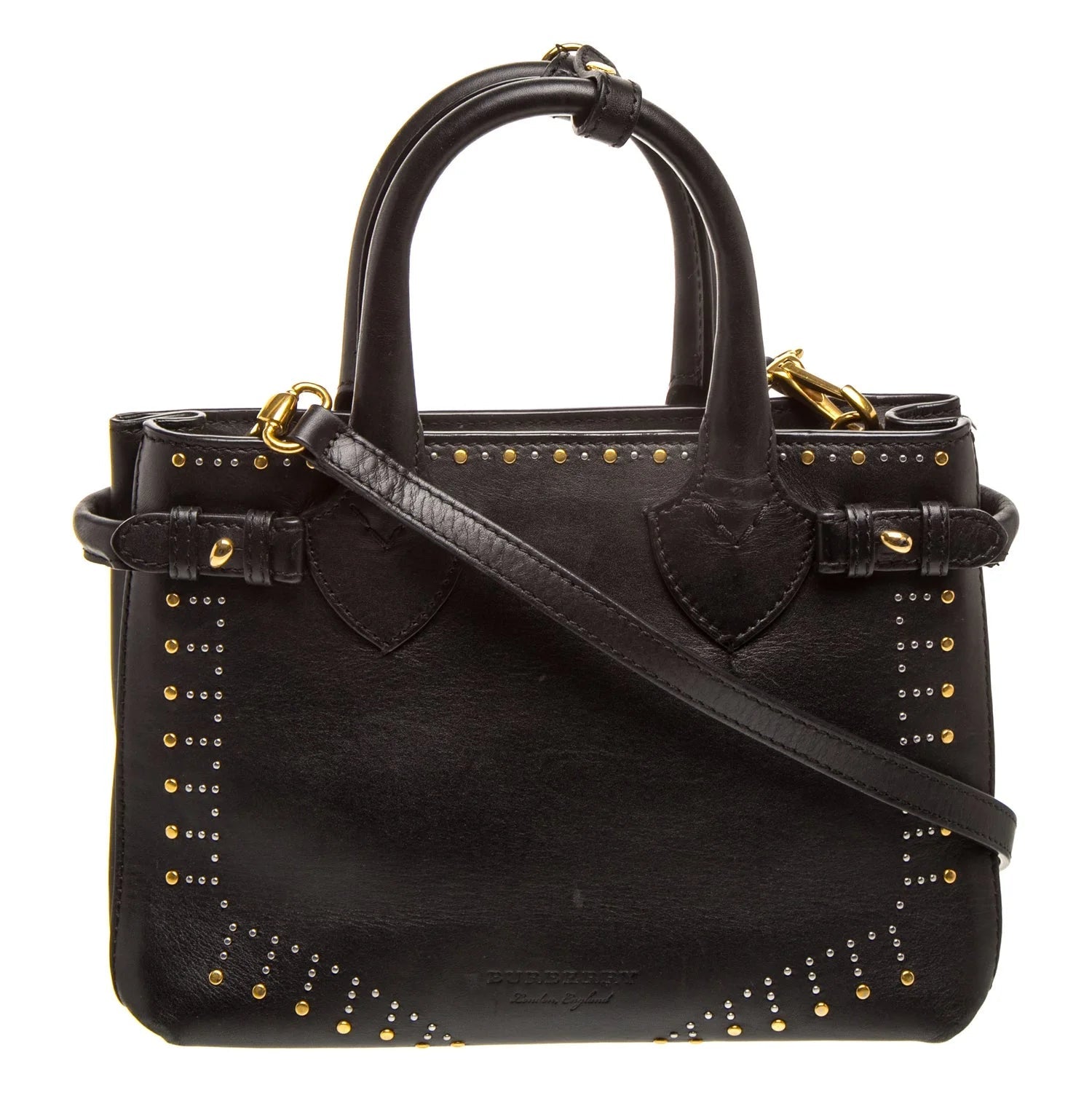 $2650 Burberry Studded Derby Calfskin Small Banner Tote Black
