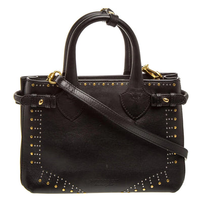 $2650 Burberry Studded Derby Calfskin Small Banner Tote Black