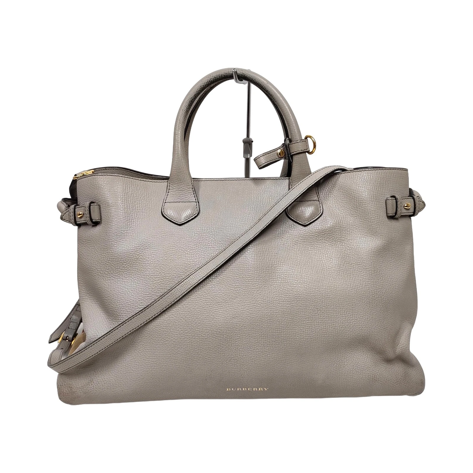 $1595 Burberry Grainy Calfskin House Check Medium Banner Tote Grey