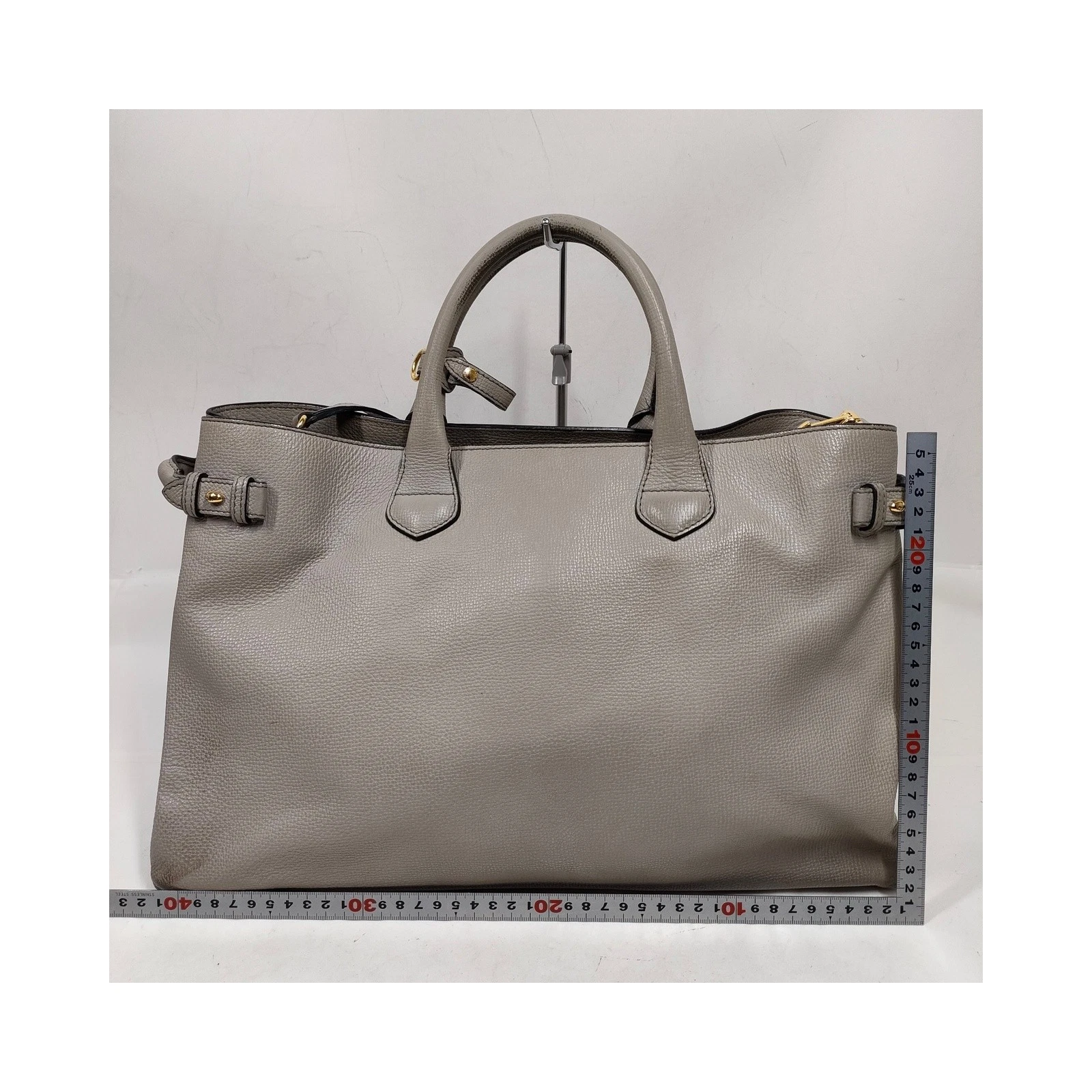 $1595 Burberry Grainy Calfskin House Check Medium Banner Tote Grey