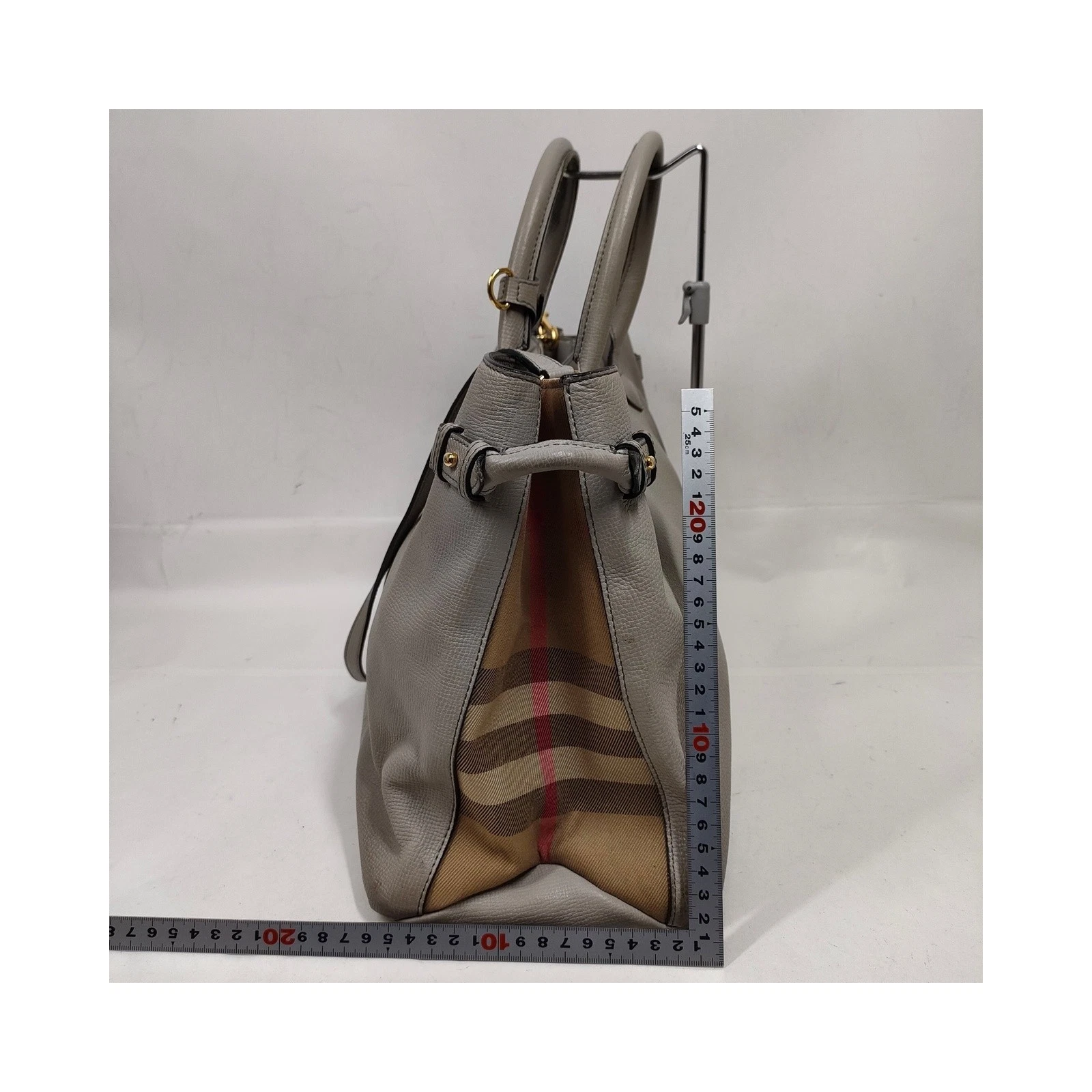 $1595 Burberry Grainy Calfskin House Check Medium Banner Tote Grey