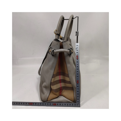 $1595 Burberry Grainy Calfskin House Check Medium Banner Tote Grey