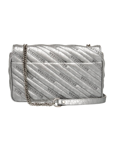 $2250 2018 Balenciaga Metallic Arena Calfskin Logo Matelasse S BB Round Shoulder Bag Argent