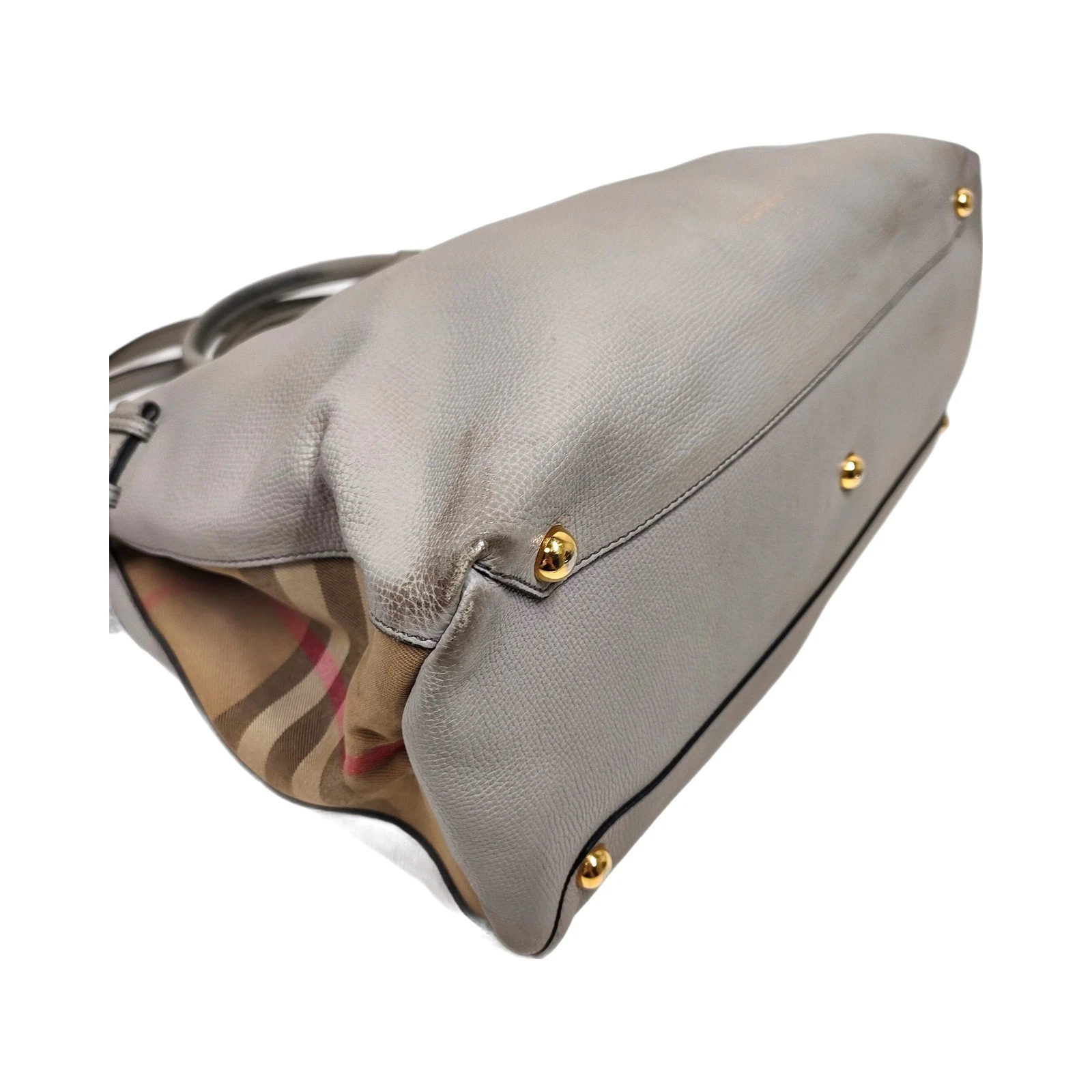 $1595 Burberry Grainy Calfskin House Check Medium Banner Tote Grey