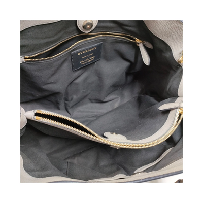 $1595 Burberry Grainy Calfskin House Check Medium Banner Tote Grey